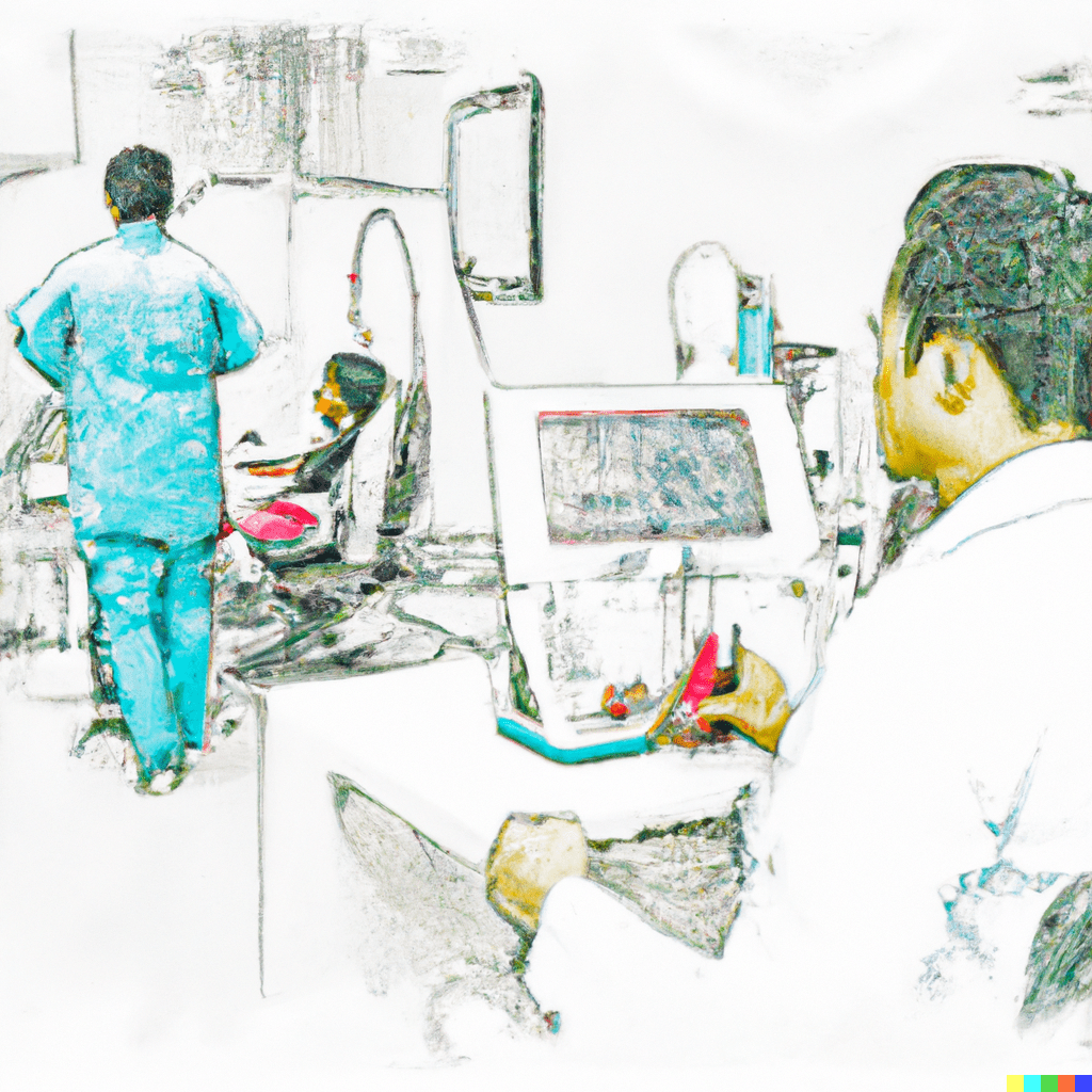 DALL·E 2023-03-10 15.53.03 - a pencil and watercolor drawing of a bright doctors office with patients and ultrasound machines